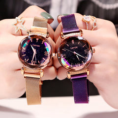 Luxury Women Watches Fashion Elegant Magnet Buckle Vibrato Purple Ladies Wristwatch 2019 New Starry Sky Roman Numeral Gift Clock